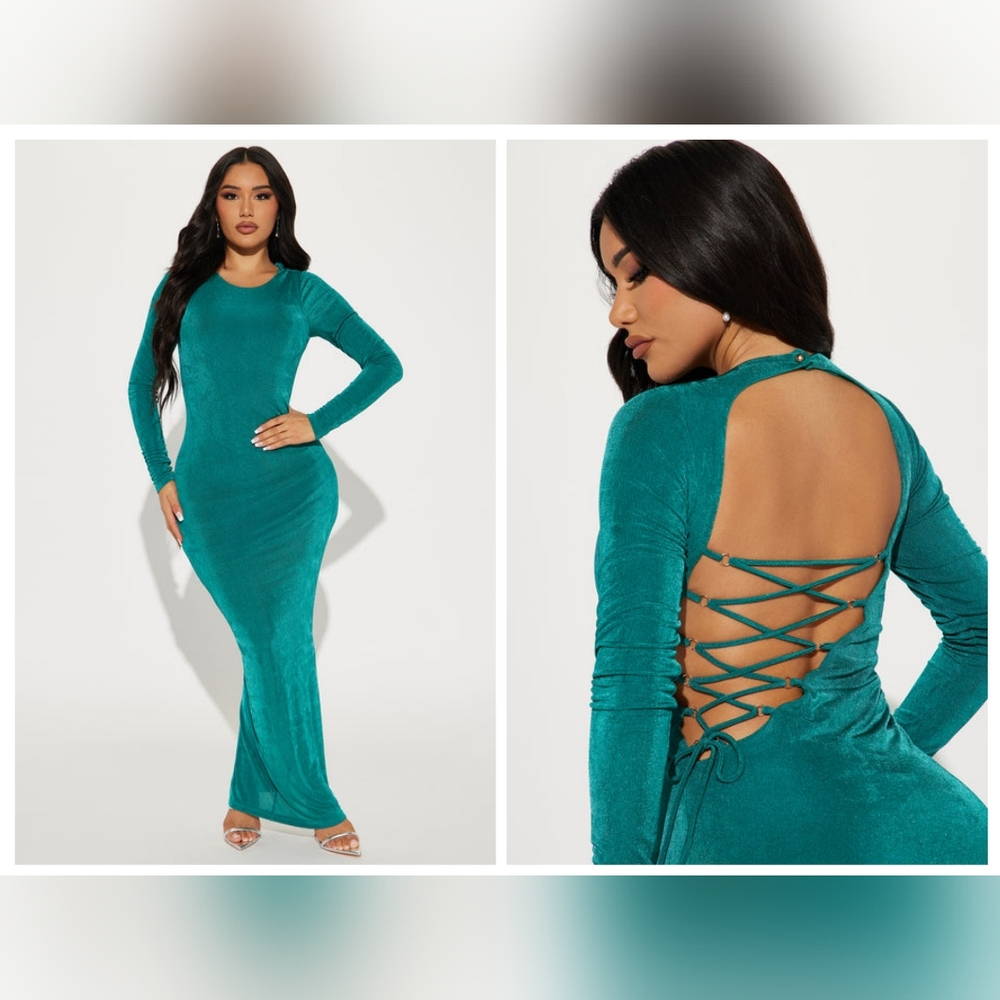 NWT Fashion Nova Lorena Slinky Green Maxi Dress In Hunter Green Plus‎ Size 2XL